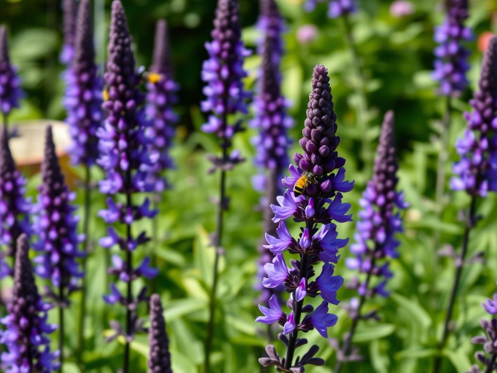 Salvia nemorosa 'Caradonna' pollinator magnet with deep violet flower spikes and black stems in a sunny garden border