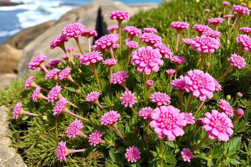 Sea thrift (Armeria maritima) growing on a coastal garden edge in the UK