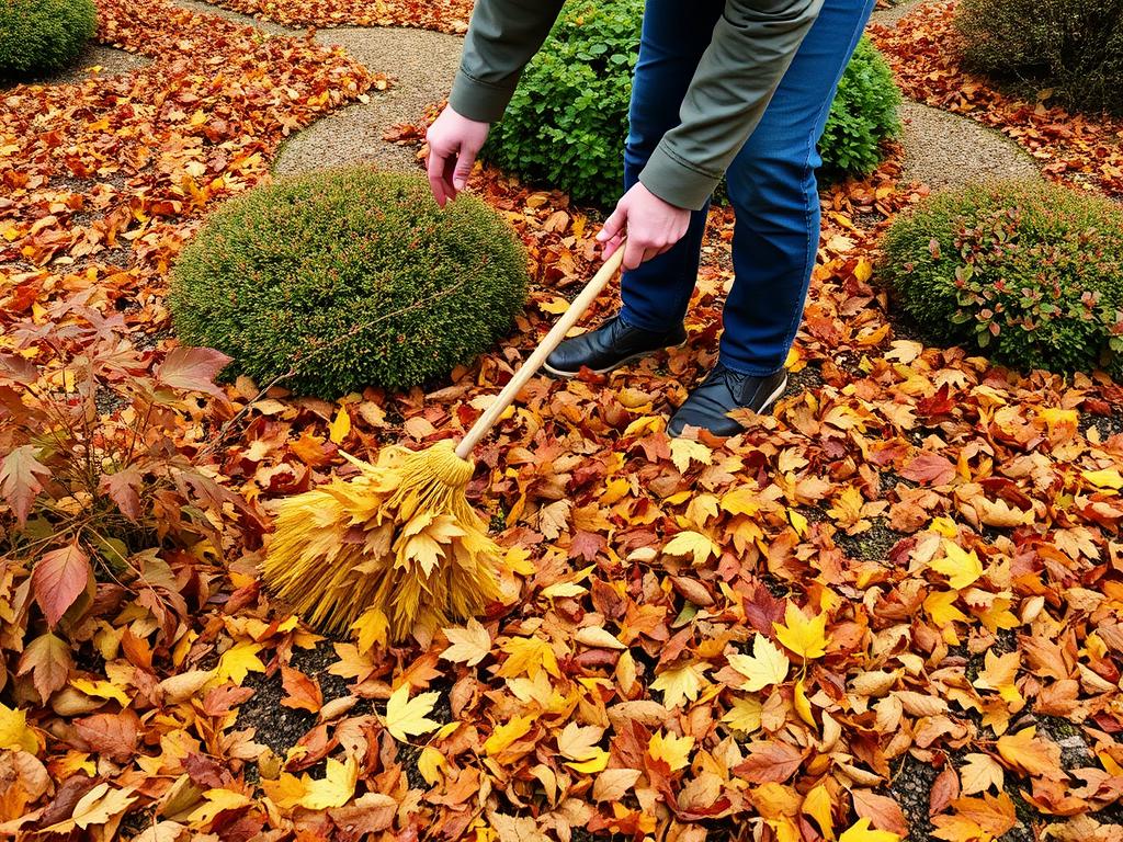 Seasonal maintenance in Japanese-style garden showing autumn leaf collection
