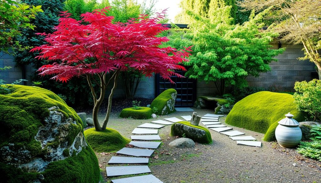 Serene Japanese-style garden with stone path, maple tree and water feature in UK setting