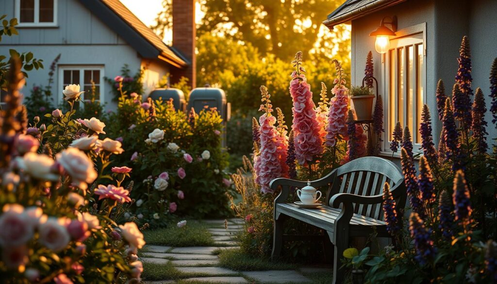 Serene evening scene in a traditional English cottage garden with soft lighting and abundant summer blooms