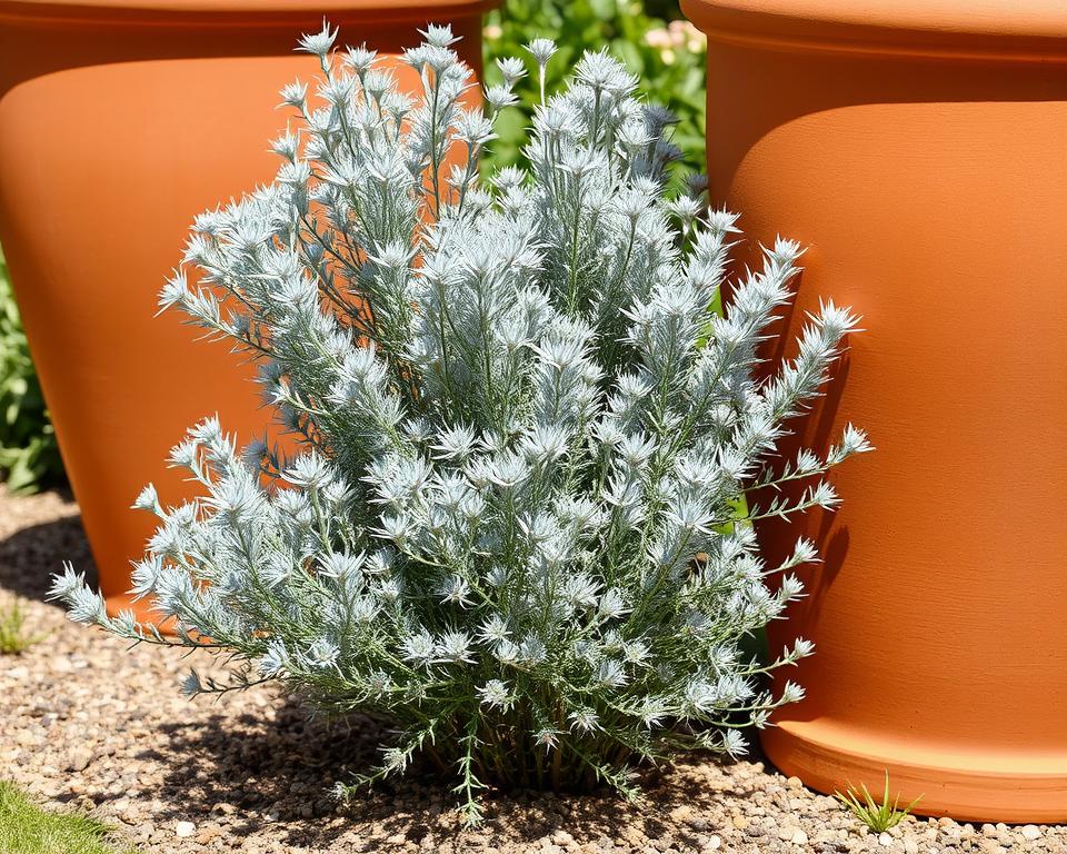Silver artemisia against terracotta pots in a Mediterranean-inspired UK garden