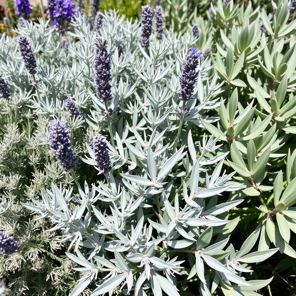 Silver foliage plants including artemisia and lavender in a Mediterranean-inspired UK garden