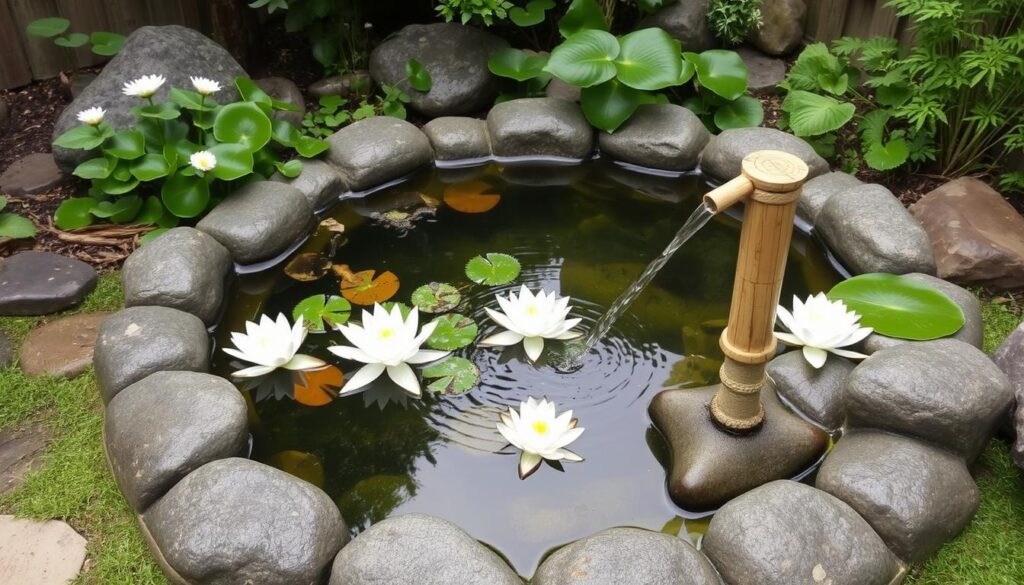 Small pond with bamboo water feature in Japanese-style garden suitable for UK climate
