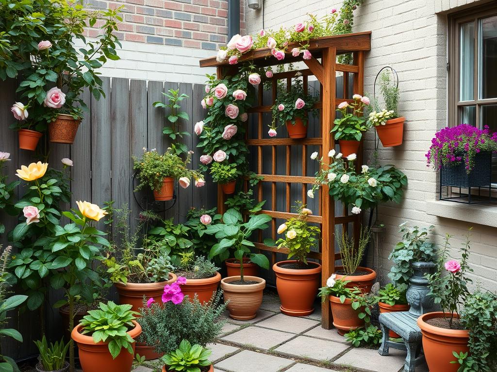 Small urban cottage garden with vertical elements, containers, and compact varieties showing how to adapt the traditional style to limited space