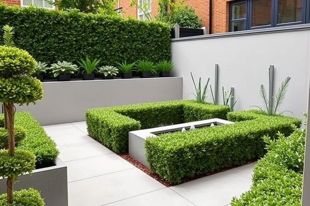 Small urban garden with Buxus sempervirens providing structure in a contemporary design