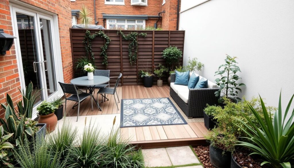 Small urban garden with clearly defined zones for dining and relaxation