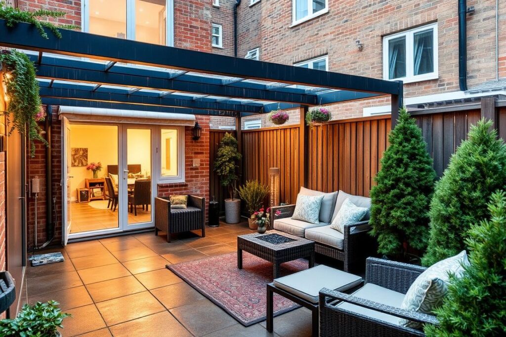 Small urban patio with weather protection features for year-round use