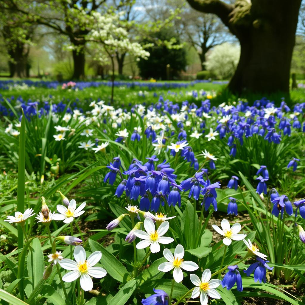 Spring wildlife garden with primroses, bluebells and flowering fruit trees