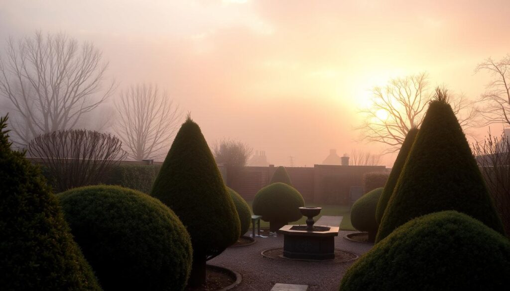 Sunset view of a small garden with Buxus sempervirens creating year-round structure