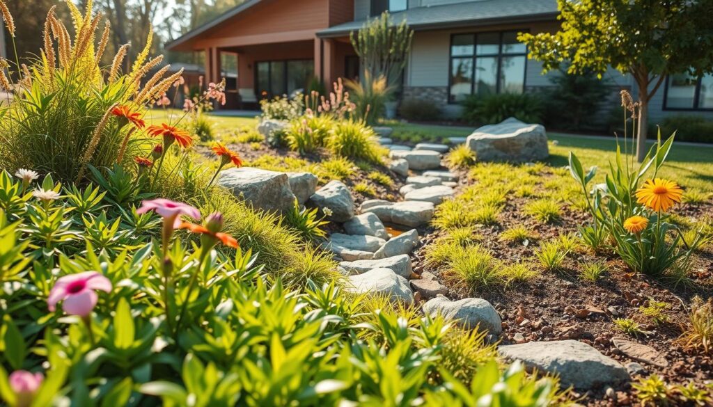 Sustainable stormwater management landscape, showcasing a lush, well-designed rain garden. Vibrant native plants and flowers in the foreground, capturing rainwater runoff from a nearby roof or paved surface. A gently sloped, permeable pathway leads through the garden, inviting exploration. In the middle ground, strategically placed rocks and boulders create a natural drainage system, directing water flow. The background features a modern, energy-efficient residential home, blending harmoniously with the verdant, eco-friendly design. Warm, diffused sunlight filters through the scene, creating a sense of serenity and environmental harmony. Captured with a wide-angle lens, emphasizing the integration of sustainable stormwater practices within a residential setting. Sustainable stormwater management landscape, showcasing a lush, well-designed rain garden. Vibrant native plants and flowers in the foreground, capturing rainwater runoff from a nearby roof or paved surface. A gently sloped, permeable pathway leads through the garden, inviting exploration. In the middle ground, strategically placed rocks and boulders create a natural drainage system, directing water flow. The background features a modern, energy-efficient residential home, blending harmoniously with the verdant, eco-friendly design. Warm, diffused sunlight filters through the scene, creating a sense of serenity and environmental harmony. Captured with a wide-angle lens, emphasizing the integration of sustainable stormwater practices within a residential setting.
