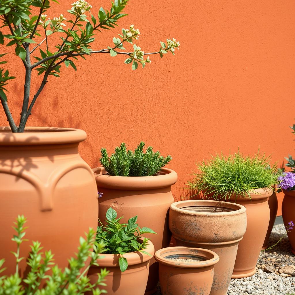 Terracotta pots and ochre walls in a Mediterranean-inspired UK garden
