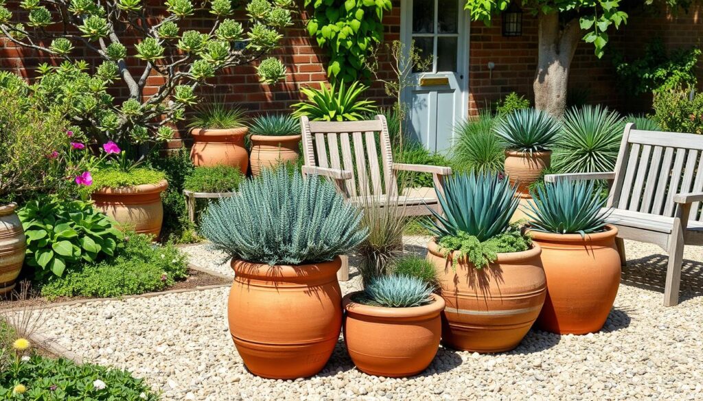 Terracotta pots, gravel pathways and weathered wood in a Mediterranean-inspired UK garden