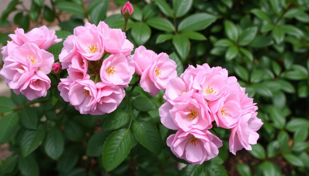 The Fairy rose in full bloom showing clusters of small pink flowers against glossy green foliage