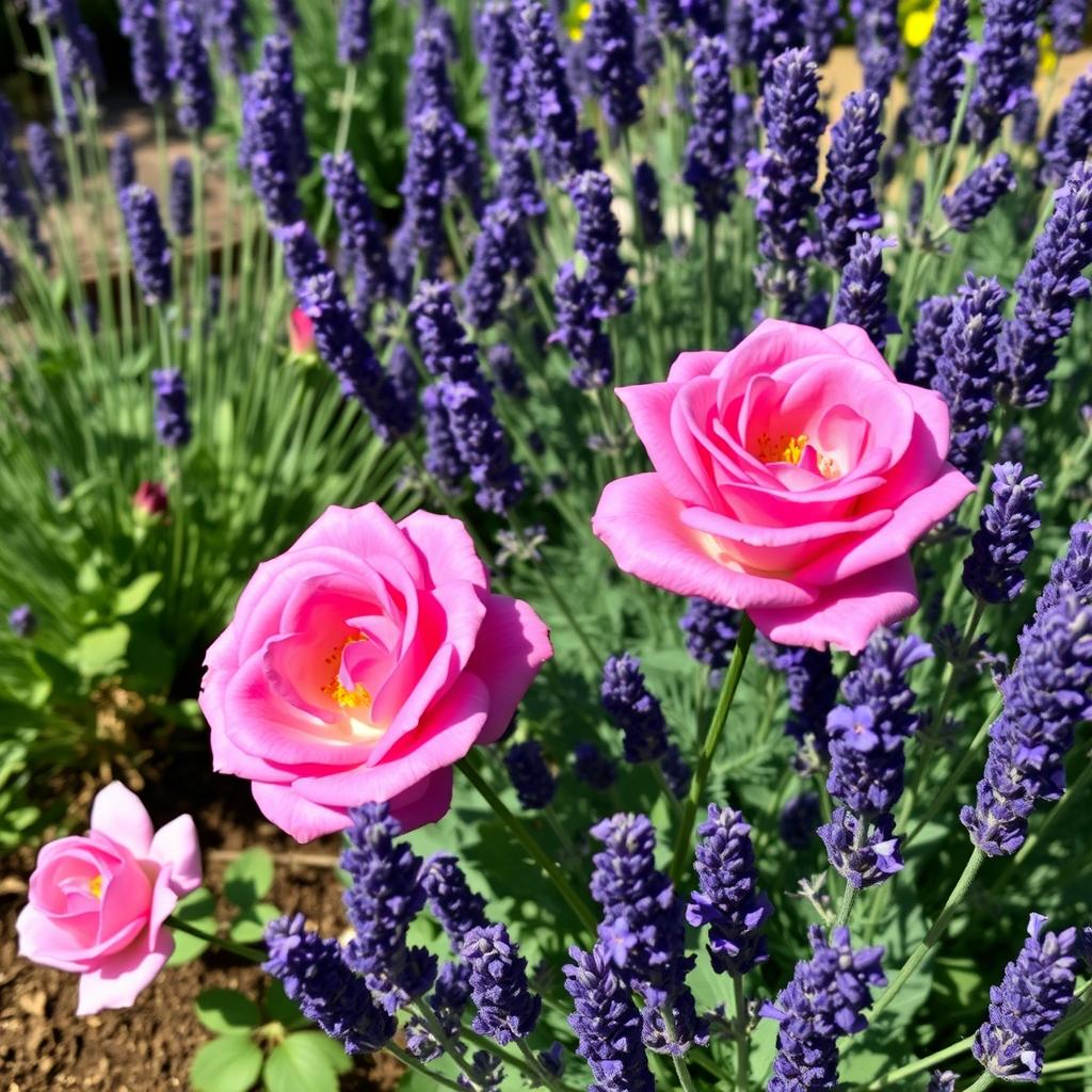 The Fairy rose planted with lavender showing contrasting textures and colors
