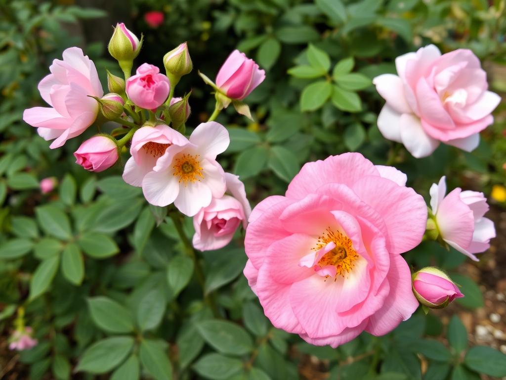 The Fairy rose showing continuous blooming with multiple flower clusters