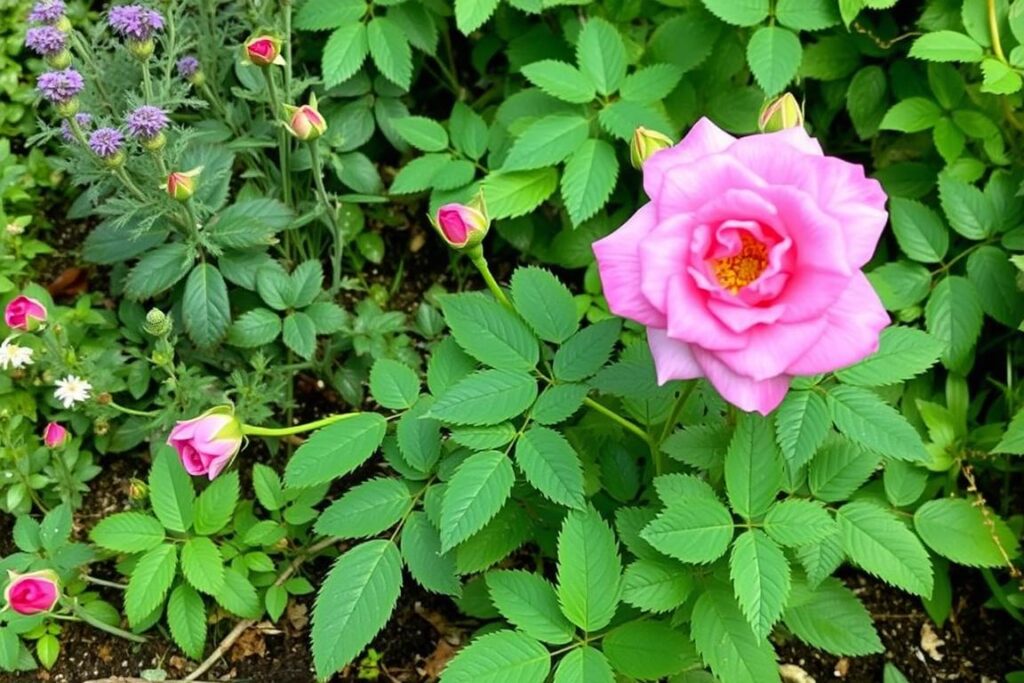 The Fairy rose showing its compact growth habit in a small garden border