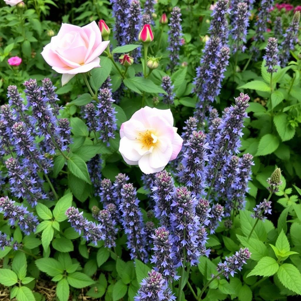 The Fairy rose with catmint creating a spill-over effect at the front of a border