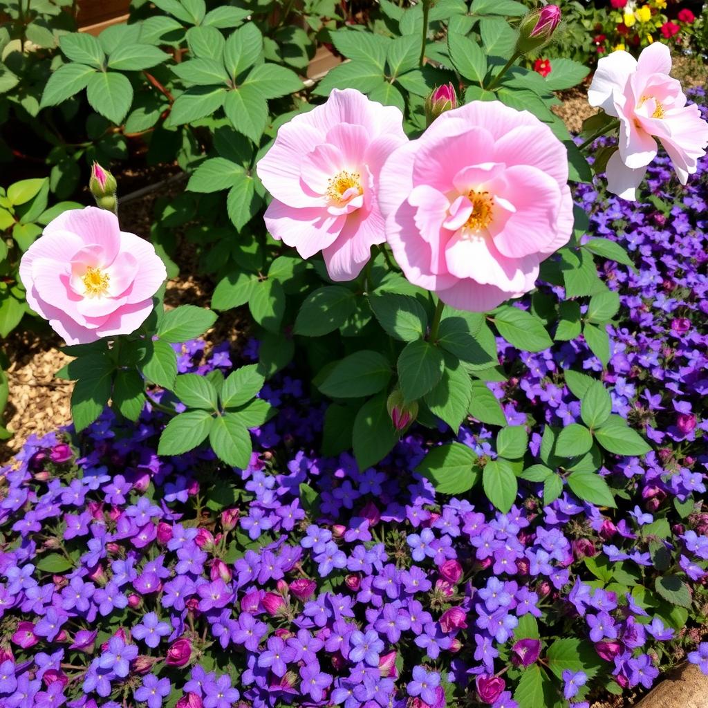 The Fairy rose with hardy geraniums as ground cover beneath