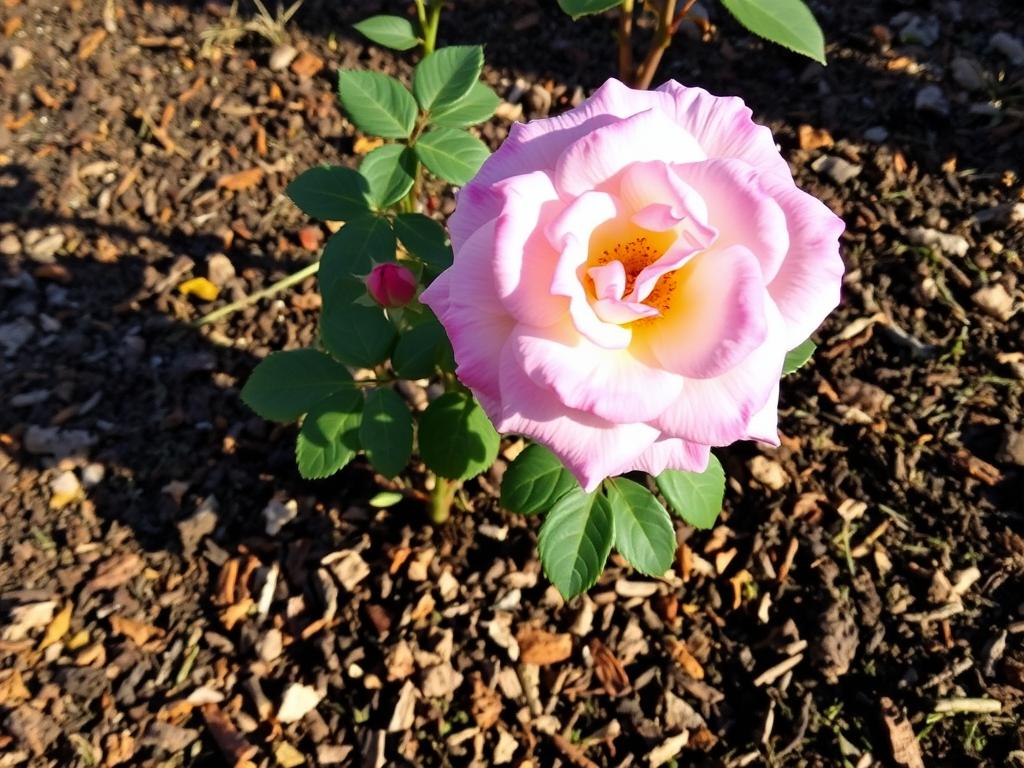 The Fairy rose with winter mulch applied around the base for protection