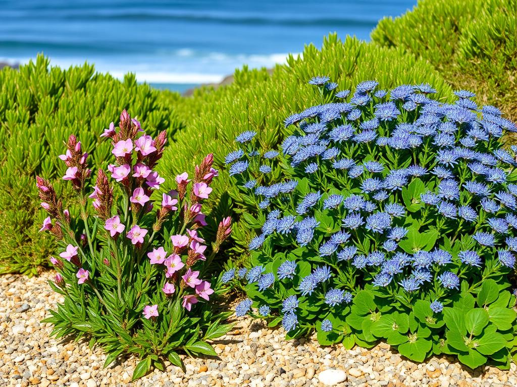 Thrift (Armeria maritima) and sea holly (Eryngium) growing in a UK coastal garden