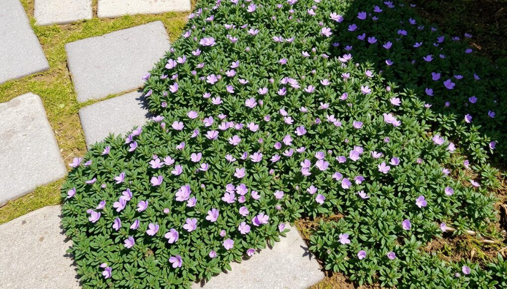Thyme growing between paving stones in a small UK garden path