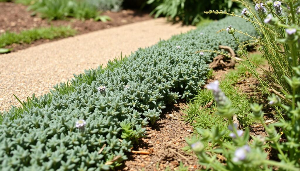 Thyme planted along the edge of a garden path in a small UK garden