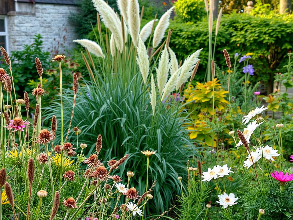 Traditional English cottage garden in autumn showing seedheads, late-blooming flowers and structural elements that provide winter interest