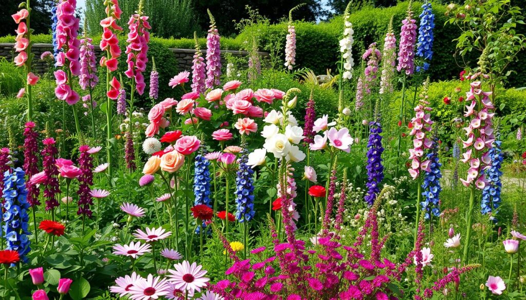 Traditional English cottage garden showing layered planting with tall, medium and ground-covering plants creating the signature dense, abundant look
