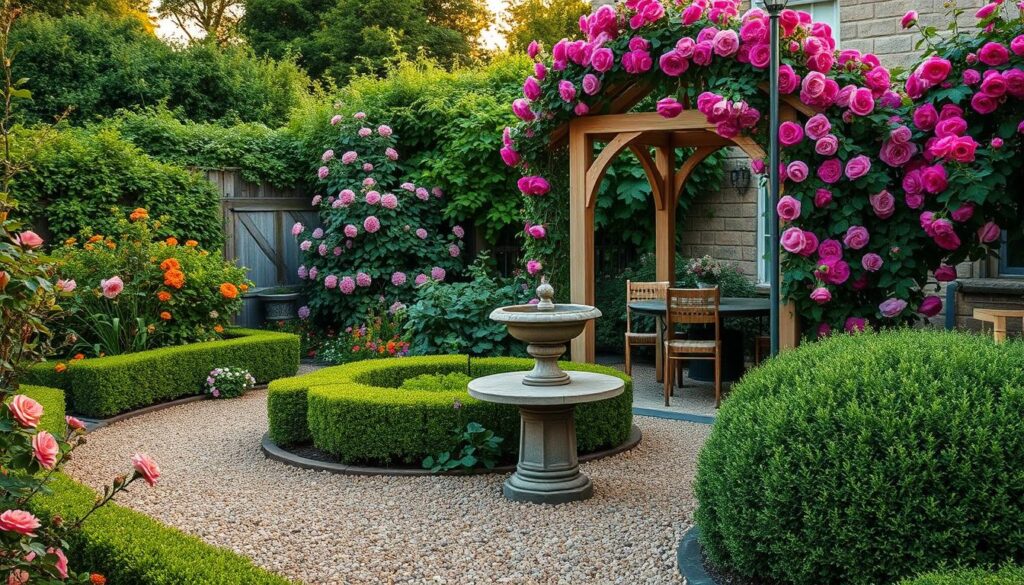 Traditional English cottage garden showing structural elements like paths, arches and low hedges that provide organization amid the abundant plantings
