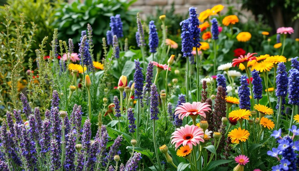 Traditional English cottage garden with mix of herbs, vegetables and flowers showing the practical and ornamental blend