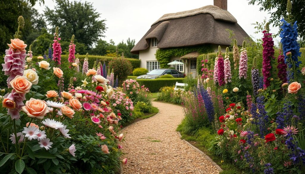 Traditional English cottage garden with winding path, overflowing borders of colorful flowers including roses, foxgloves, and hollyhocks
