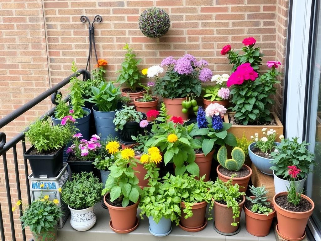 Variety of containers and pots on a small urban balcony maximising small urban outdoor spaces