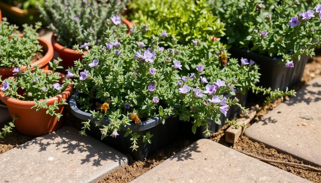Various thyme varieties growing in small containers and between paving stones in a UK garden