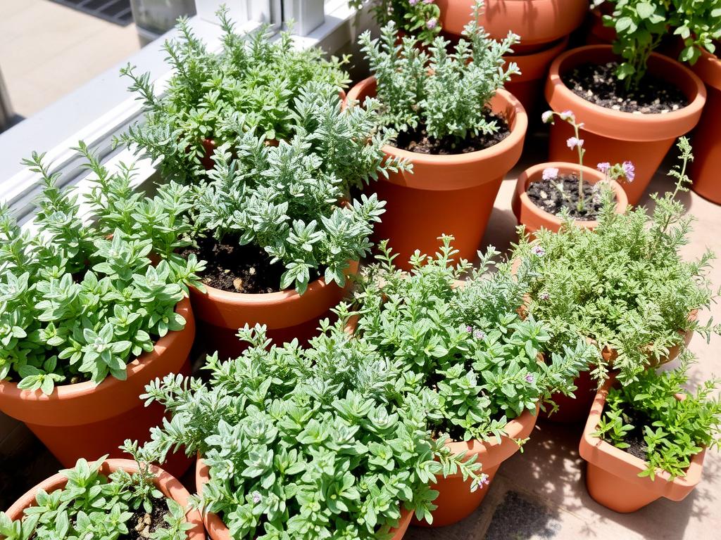 Various thyme varieties growing in small containers on a UK patio
