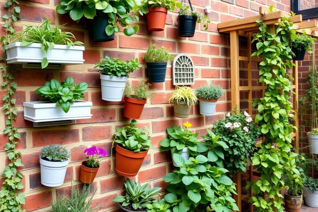 Vertical garden with wall planters on a small urban patio maximising small urban outdoor spaces
