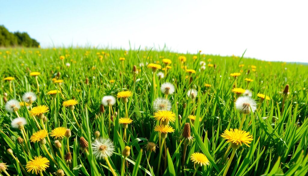Vibrant field of lush green grass, with a scattering of golden dandelion flowers in the foreground. The dandelions are in various stages of bloom, some with delicate white puffballs, others with bright yellow petals. The mid-ground features a mix of dandelion greens and foliage, gently swaying in a soft breeze. The background depicts a warm, sunny day with a clear blue sky, creating a natural, serene atmosphere. The lighting is soft and even, highlighting the intricate details of the dandelions and the overall scene. Captured with a wide-angle lens to provide a comprehensive, panoramic view of this natural dandelion oasis.