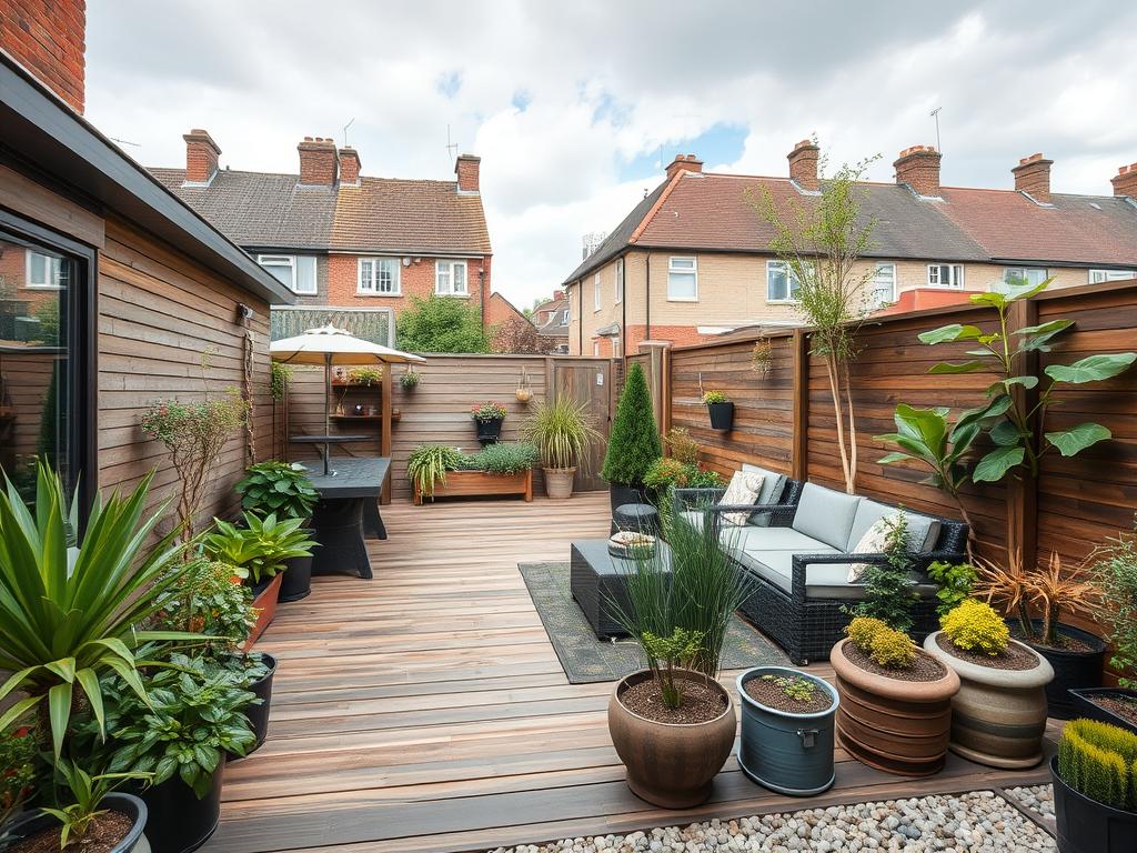 Weather-resistant materials and plants suitable for British climate in a small urban garden