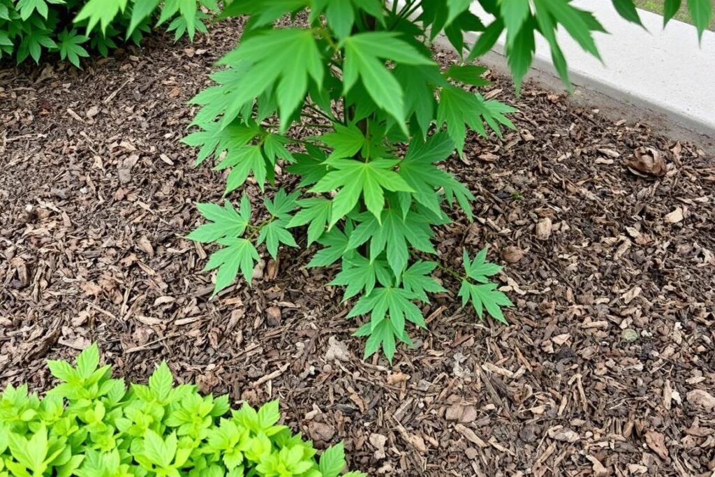Well-mulched Acer palmatum in a small garden border with proper spacing