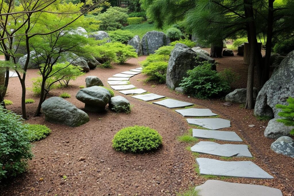Winding stone path in Japanese-style garden demonstrating miegakure principle