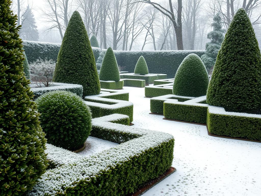 Winter formal garden showing structure provided by evergreen elements Winter formal garden showing structure provided by evergreen elements