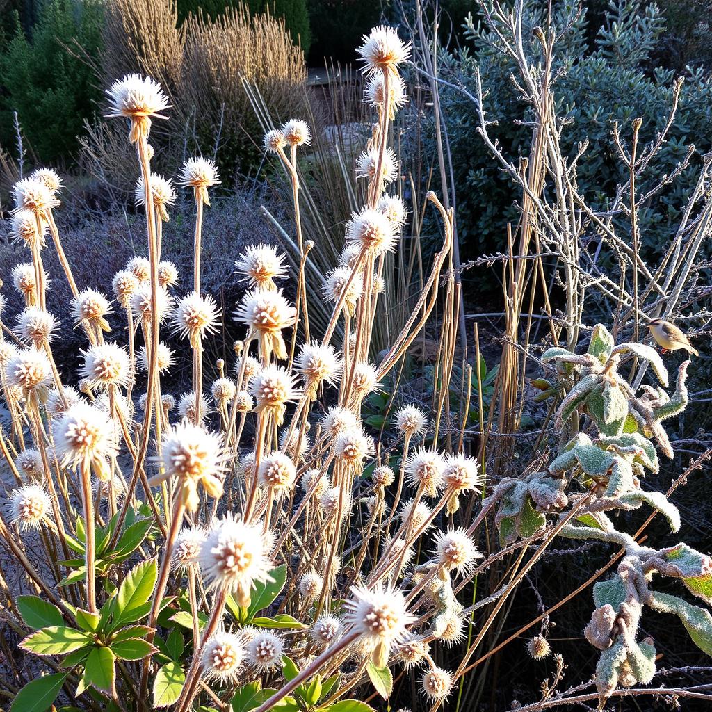 Winter wildlife garden with seedheads, evergreens and winter-flowering plants