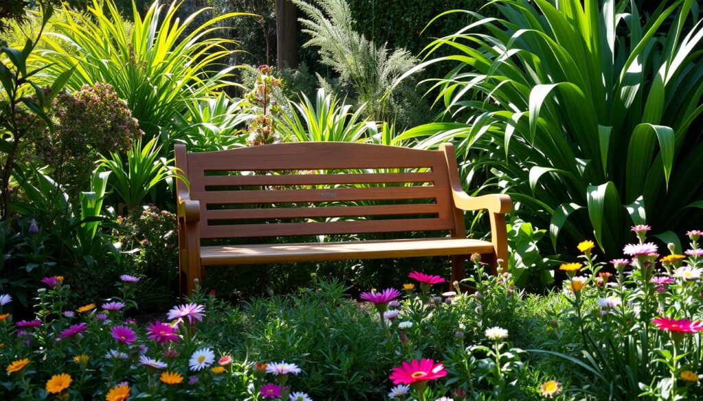 a lush garden rest area with a beautifully crafted wooden bench nestled amongst a variety of vibrant green plants and flowers, dappled sunlight filtering through the foliage, creating a warm, inviting atmosphere. The bench is positioned in the middle ground, with a mix of tall, swaying plants in the background and a selection of low-growing flowers and shrubs in the foreground, creating a sense of depth and balance. The lighting is soft and natural, highlighting the textures of the wood and the delicate petals of the flowers. The overall scene conveys a sense of tranquility and relaxation, inviting the viewer to pause and take in the beauty of the garden.