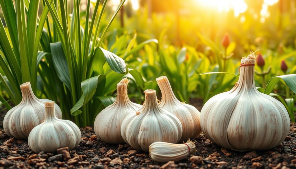 a photorealistic, well-lit scene depicting disease prevention with garlic. in the foreground, several large, vibrant garlic bulbs are displayed, their pungent leaves and stems visible. the middle ground shows a variety of healthy, thriving plants and vegetables, their leaves and stems free of any signs of disease or pests. in the background, a lush, verdant garden setting with rich soil and a warm, golden glow from the sun creates a sense of abundance and natural vitality. the overall composition conveys the idea that garlic's natural antifungal and antibacterial properties can effectively protect other plants from various diseases, making it a potent and versatile natural pesticide.
