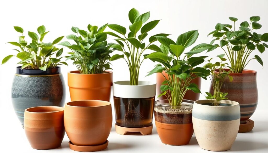 photorealistic, well-lit studio shot of several self-watering pots in the foreground, featuring a range of shapes and sizes, from classic terra cotta to modern glazed ceramics. The pots are arranged artfully, showcasing their unique design elements and water reservoirs. The middle ground features lush, healthy indoor plants thriving in the self-watering pots, their roots visibly growing in the transparent reservoir chambers. The background is a clean, simple white or light gray, placing the focus entirely on the self-watering pots and the plants they support. photorealistic, well-lit studio shot of several self-watering pots in the foreground, featuring a range of shapes and sizes, from classic terra cotta to modern glazed ceramics. The pots are arranged artfully, showcasing their unique design elements and water reservoirs. The middle ground features lush, healthy indoor plants thriving in the self-watering pots, their roots visibly growing in the transparent reservoir chambers. The background is a clean, simple white or light gray, placing the focus entirely on the self-watering pots and the plants they support.