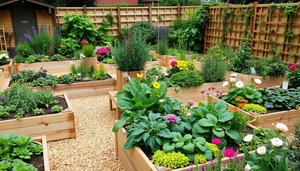 A productive kitchen garden with raised beds, trellises and a mix of vegetables, herbs and flowers