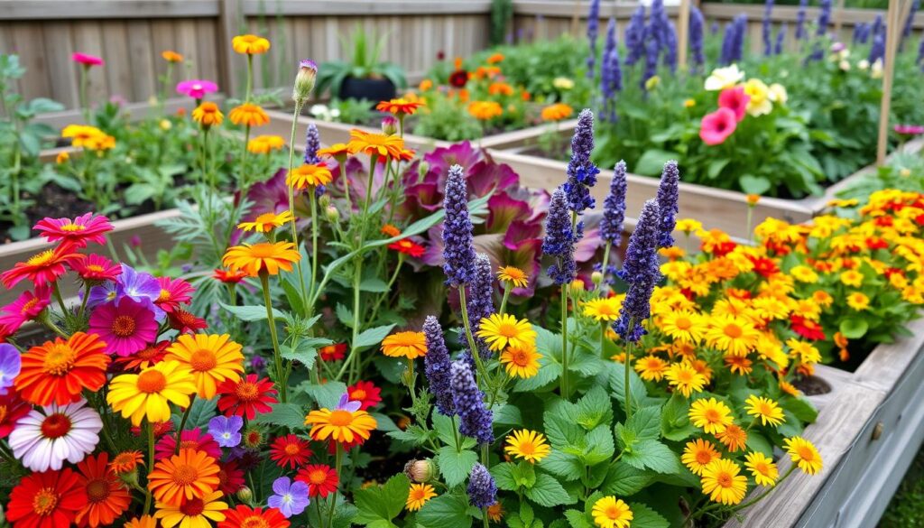 A productive kitchen garden with vegetables and companion flowers