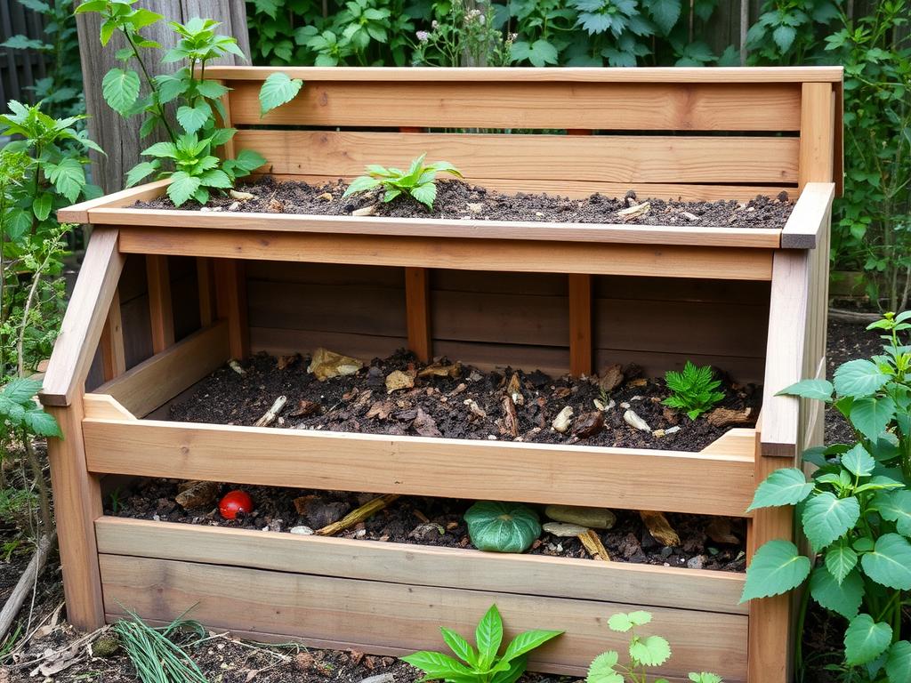 Compost bin in a productive kitchen garden