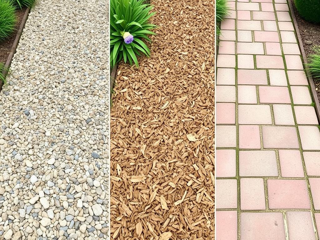 Different pathway materials in a productive kitchen garden