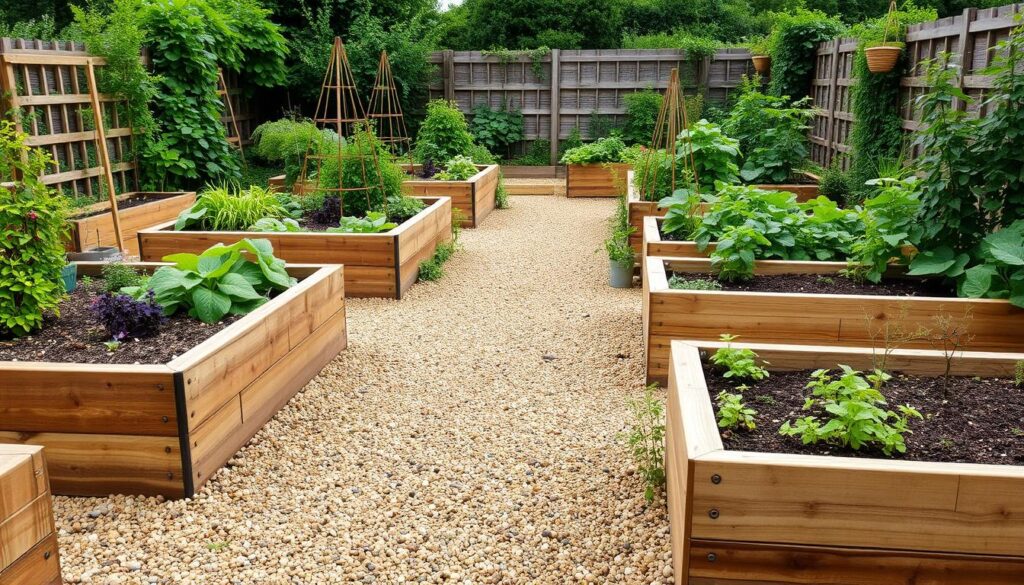 Raised beds in a productive kitchen garden with pathways